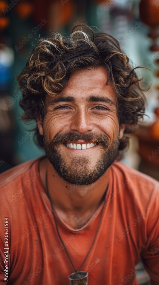Portrait of a smiling man with curly hair and beard