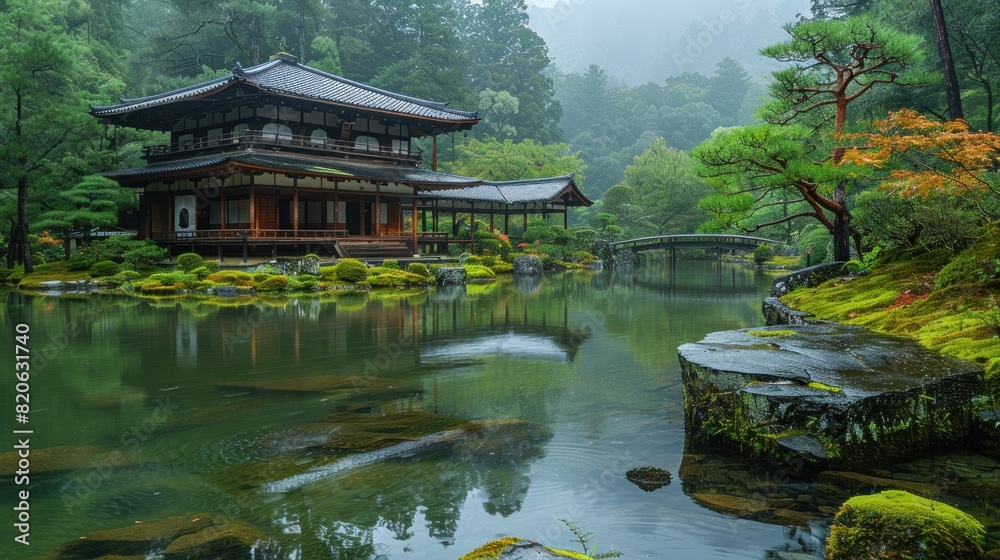 The tranquil Saiho-ji (Moss Temple) in Kyoto, with vibrant green moss glistening with rain The tranquil Saiho-ji (Moss Temple) in Kyoto, with vibrant green moss glistening with rain