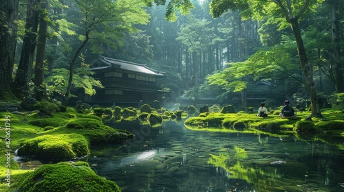 The tranquil Saiho-ji  Moss Temple  in Kyoto  with vibrant green moss glistening with rain