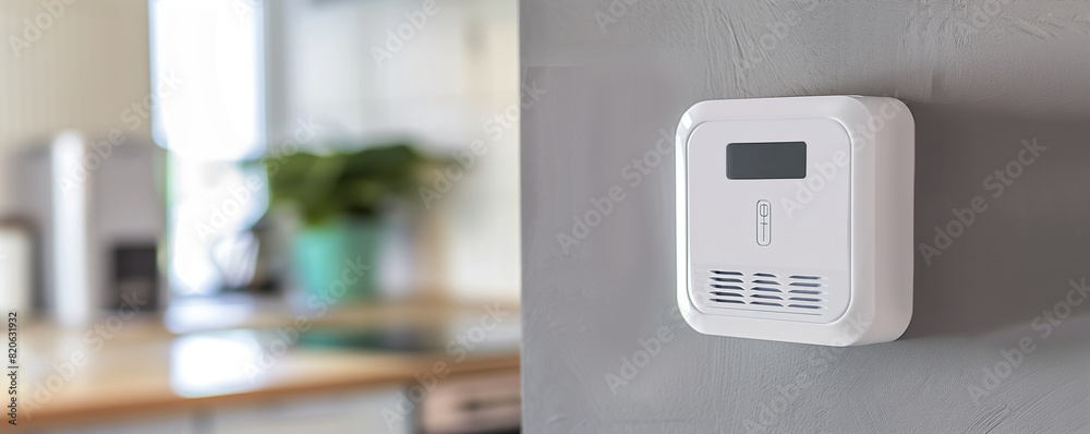 Digital Carbon Monoxide Detector Mounted on Wall in Modern Home Digital Carbon Monoxide Detector Mounted on Wall in Modern Home