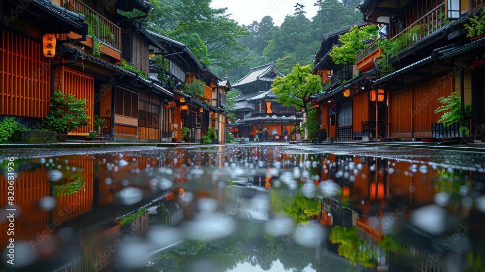 Fototapeta premium Traditional wooden houses of Kyoto in the rain, with reflections in puddles