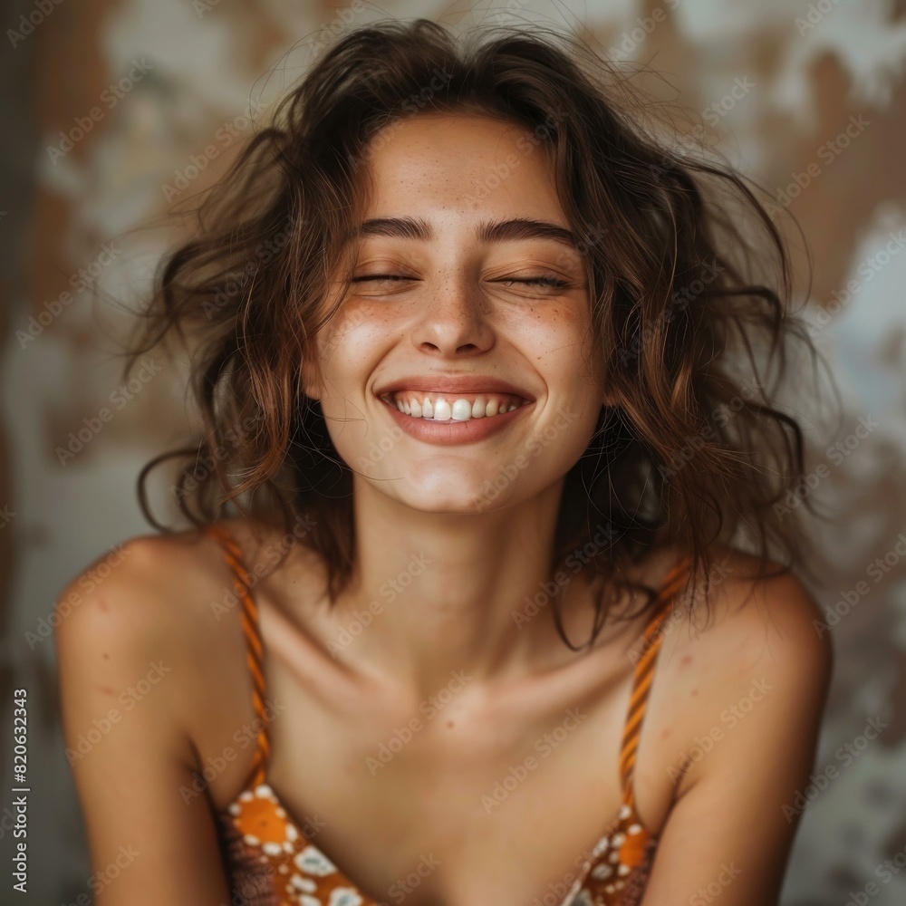 portrait of a beautiful young woman with freckles and brown hair smiling