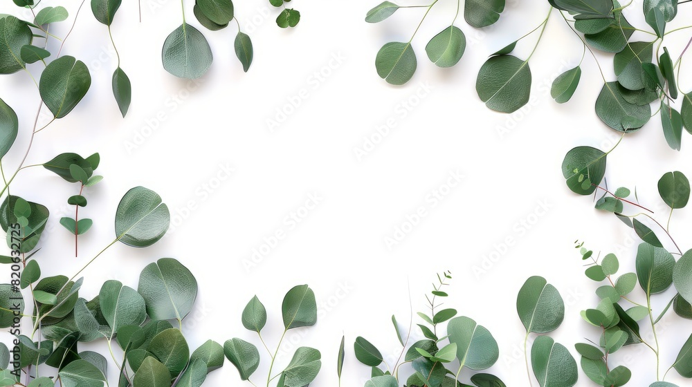 Eucalyptus green leaves frame. Herbal foliage border decoration on a white background. Top view in copy space with a place for text. For invitations, weddings, greeting cards. Generative AI.