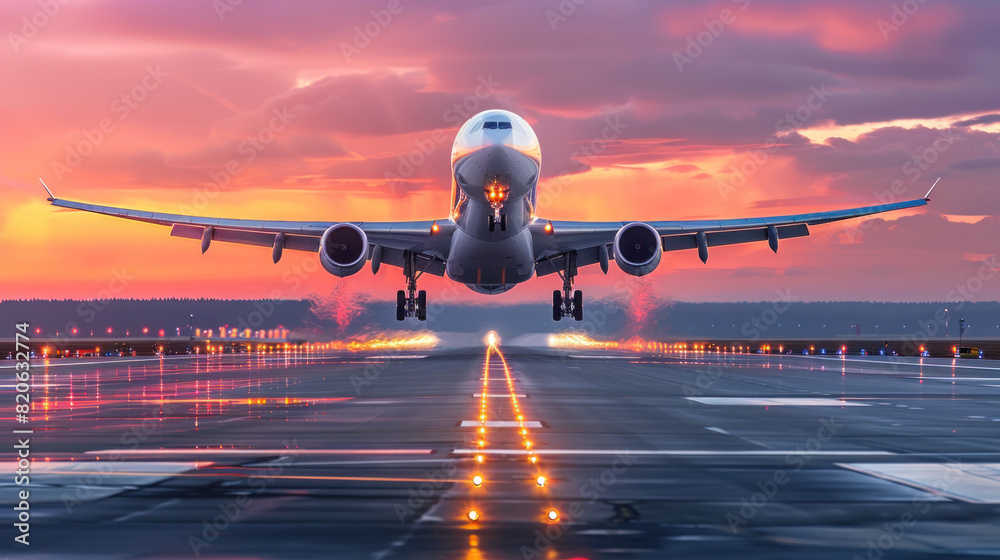 passenger reactive plane off from an airport runway at sunset or dawn with the landing gear down, civil aviation day passenger reactive plane off from an airport runway at sunset or dawn with the landing gear down, civil aviation day