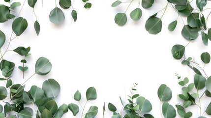 Eucalyptus green leaves frame. Herbal foliage border decoration on a white background. Top view in copy space with a place for text. For invitations, weddings, greeting cards. Generative AI.