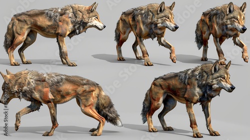 character design sheet  full views from head to toes  a large wolf dog hybrid raised on Mars is running  8 separate views. copy space for text.