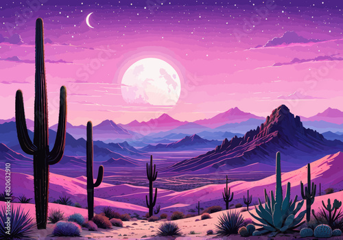 a painting of a desert scene with a full moon