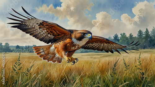 Watercolor painting: A red-tailed hawk circling above a meadow, its keen eyesight and swift flight ensuring its success as a hunter.