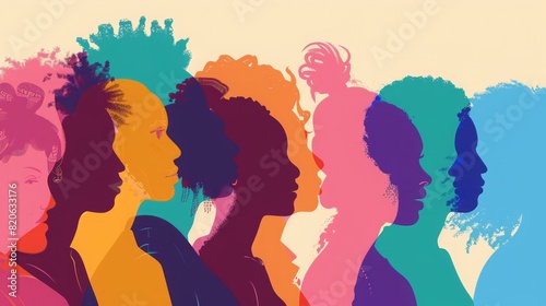 Colorful silhouettes of a diverse and multicultural community. Illustration of a multi-ethnic group of people, crowded people photo