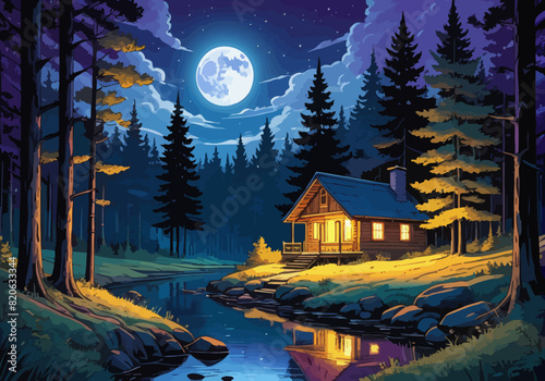 a painting of a cabin in the woods at night