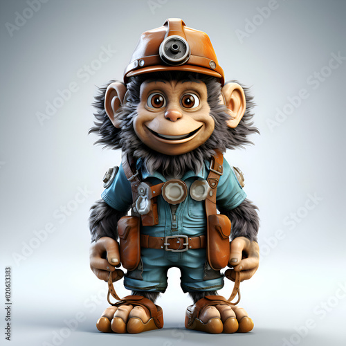 3D Illustration of a monkey as a miner with a camera photo
