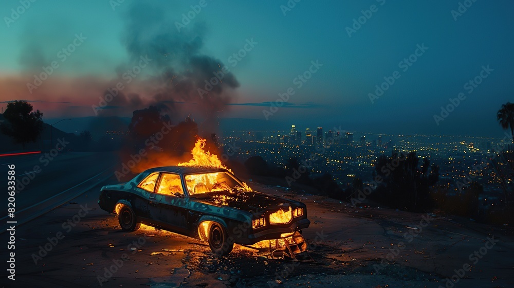 Getaway car on fire, abandoned on Mulholland drive. Sunset. Deep blue sky. View of los angeles skyline in the background. Cinematic lighting. copy space for text.