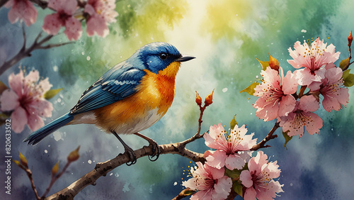 Watercolor painting: A vibrant songbird perched atop a blossoming tree, its melodic tune heralding the arrival of a beautiful spring morning, photo