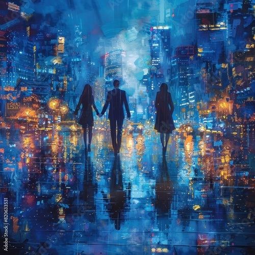 Abstract business people in silhouette, each holding hands and exchanging ideas, urban setting with skyscrapers, the color scheme uses shades of blue.