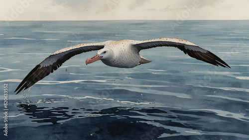 Watercolor painting: A wandering albatross skimming the surface of the ocean, its vast wingspan allowing it to travel great distances with ease, Anime style photo