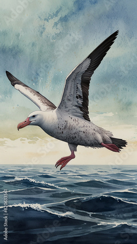 Watercolor painting: A wandering albatross skimming the surface of the ocean, its vast wingspan allowing it to travel great distances with ease, Anime style photo