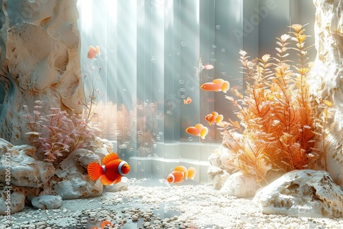 Clownfish in a Vibrant Aquarium with Plants and Rocks photo