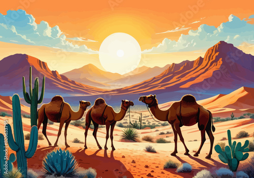 a painting of three camels in the desert