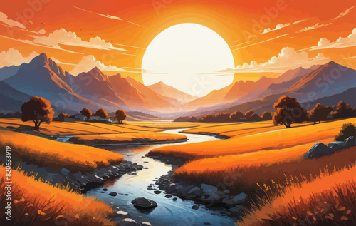 a painting of a sunset over a river