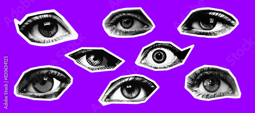 Eyes collage element set. Punk y2k collage elements. Retro magazine clipping. Beautiful female eyes collage element. Eyes halftone. Generative AI