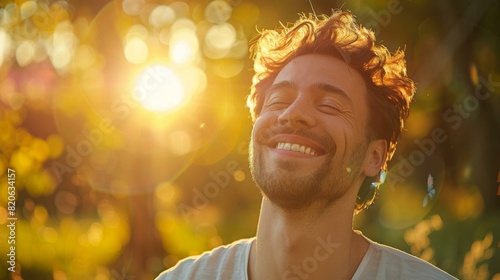 Bearded man smiling with eyes closed and face turned to the sun