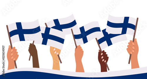 Finnish Flag Day. Banner with flags of Finland in hands. Holiday illustration. Vector