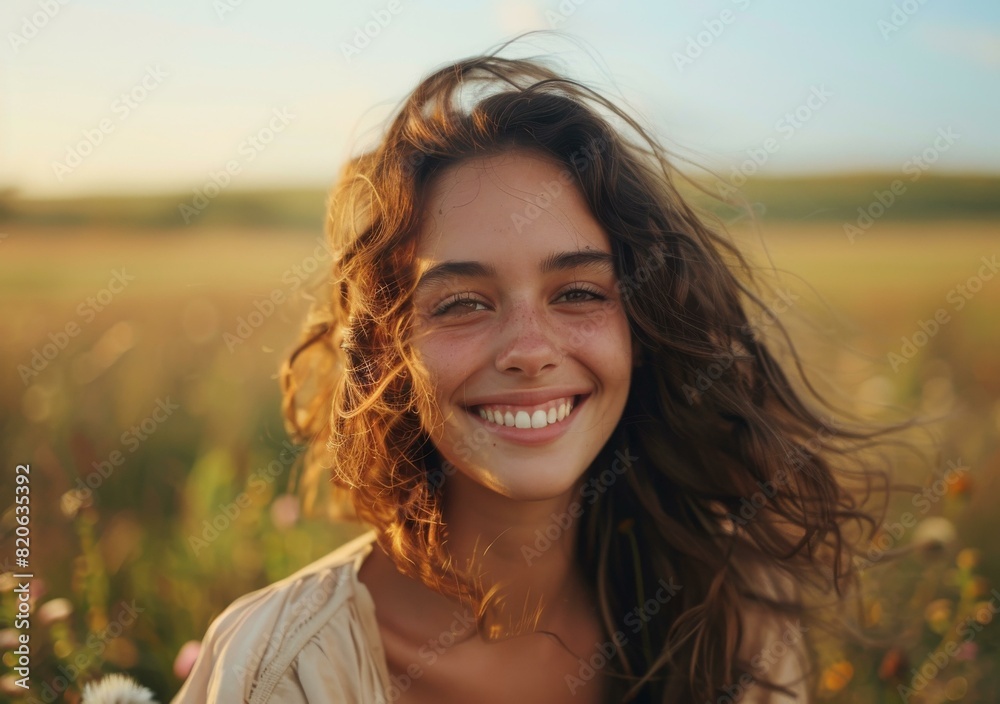 portrait of a smiling young woman with long brown hair standing in a field of flowers portrait of a smiling young woman with long brown hair standing in a field of flowers