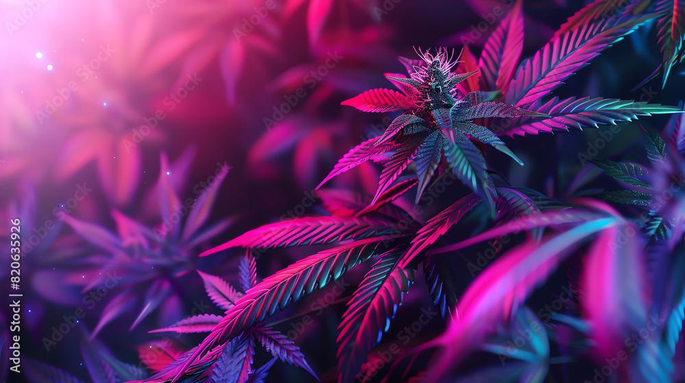 Cannabis leaves and buds highlighted under UV light, focus on unique lighting, scientific research theme, surreal, blend mode, experimental lab backdrop