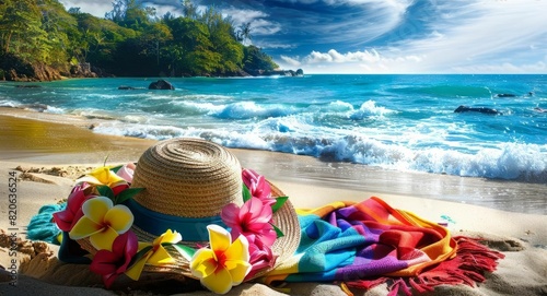 Describe a day spent lounging on a tropical beach with a vibrant beach towel and your favorite novel photo