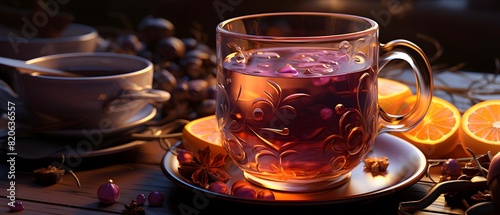 Black tea with lemon and spices on a wooden table. Selective focus.