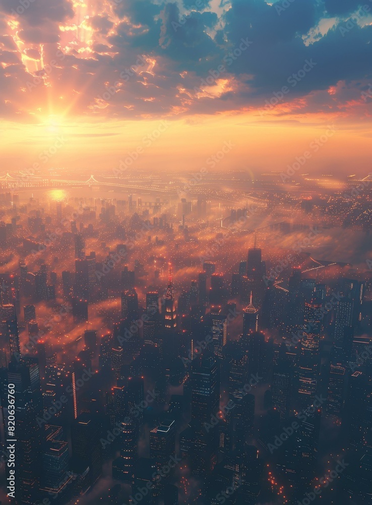 Aerial View of Cityscape with Sunset Clouds