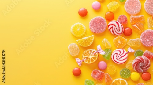 Candy Sweet Jelly Lolly and Delicious Sugar Dessert, beautiful candies  on yellow background with copy space, Many desserts and lollipops are on color background, Food for children


 photo