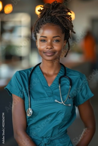 A young, confident female doctor in uniform poses in a hospital clinic, radiating professionalism