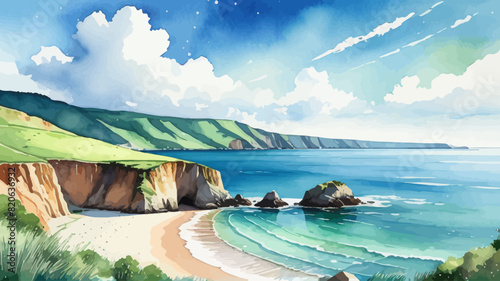 a painting of a beach with a cliff in the background