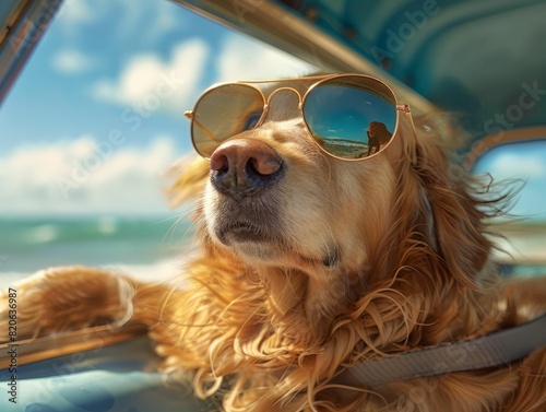 A golden retriever dog wearing sunglasses is sitting in a car, looking out the window. The dog is enjoying the summer sun and the wind in its fur.