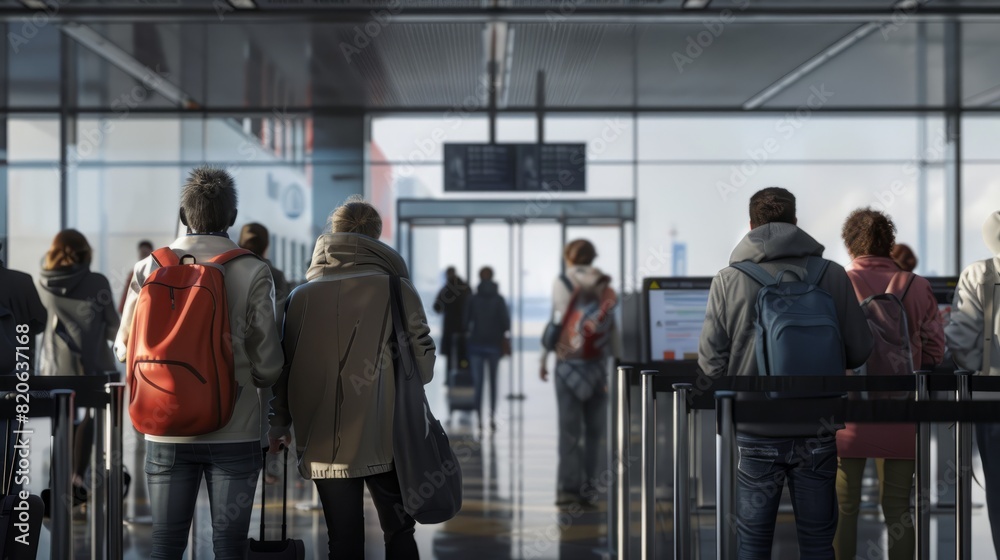 Fototapeta premium Individuals are seen from behind, waiting in line at an airport terminal
