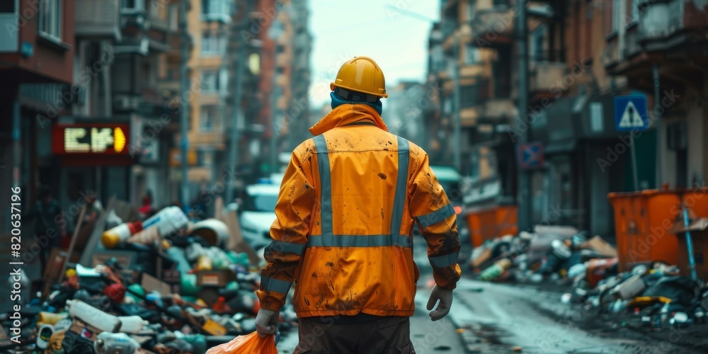 A Waste Management Worker in Yellow Safety Uniform Walking Away From A Pile Of Garbage