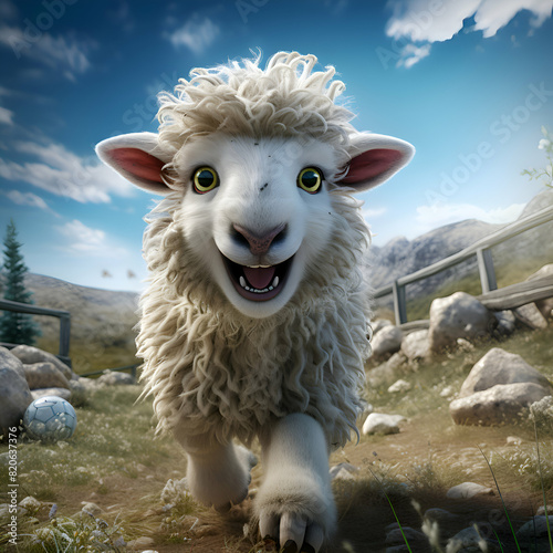 Sheep with big eyes in the mountains. 3D illustration. photo