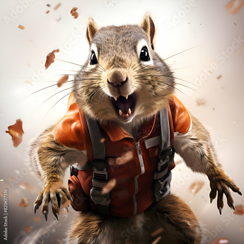 Squirrel in orange life jacket and backpack with falling autumn leaves. photo
