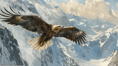 Mountain Eagle falling from the sky and straight down to see the viewer. The detailed hand-drawn oil painting illustration creates an incredible feeling of movement. copy space for text.