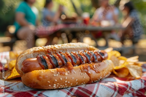 A hot dog with mustard and ketchup on it is on a red and white plaid cloth