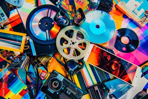 A Vibrant Collage of Different Media Types Including Film Reels, CDs, Digital Tablets, and VR Headsets photo