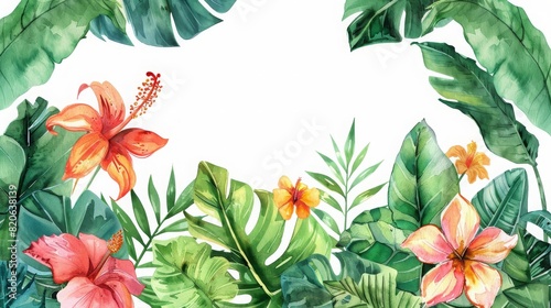 Watercolor of tropical spring floral green leaves and flowers, white background, copy and text space, 16:9 photo