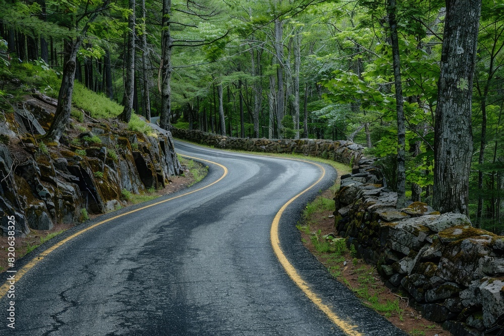 Curved Asphalt Road Between Rock Wall and Trees

