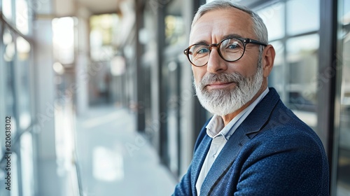 portrait of successful senior businessman consultant with modern glasses eyewear looking at camera and smiling inside modern office building, 16:9