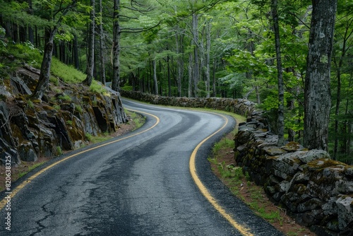 Curved Asphalt Road Between Rock Wall and Trees

