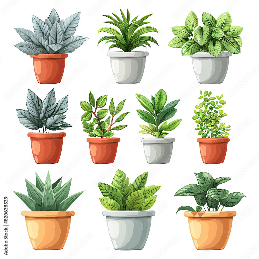 Set of various houseplants displayed in ceramic pots with transparent background. Set of various houseplants displayed in ceramic pots with transparent background.