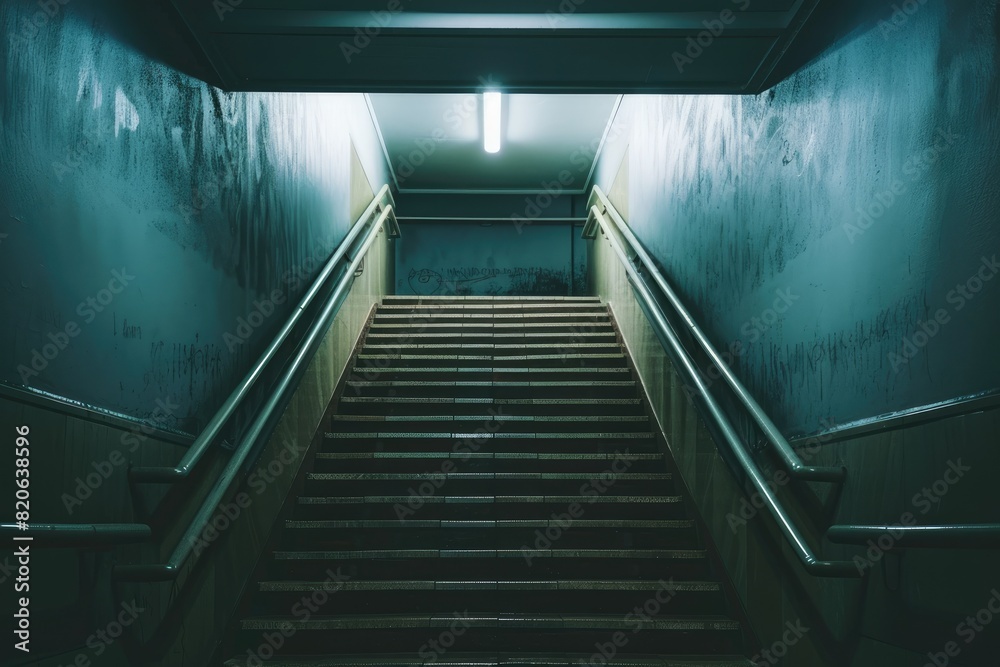 Fototapeta premium An empty stairway inside a building, giving a sense of quiet and stillness.