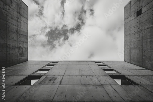 A grayscale photo of a concrete building, creating a simple yet striking atmosphere.

