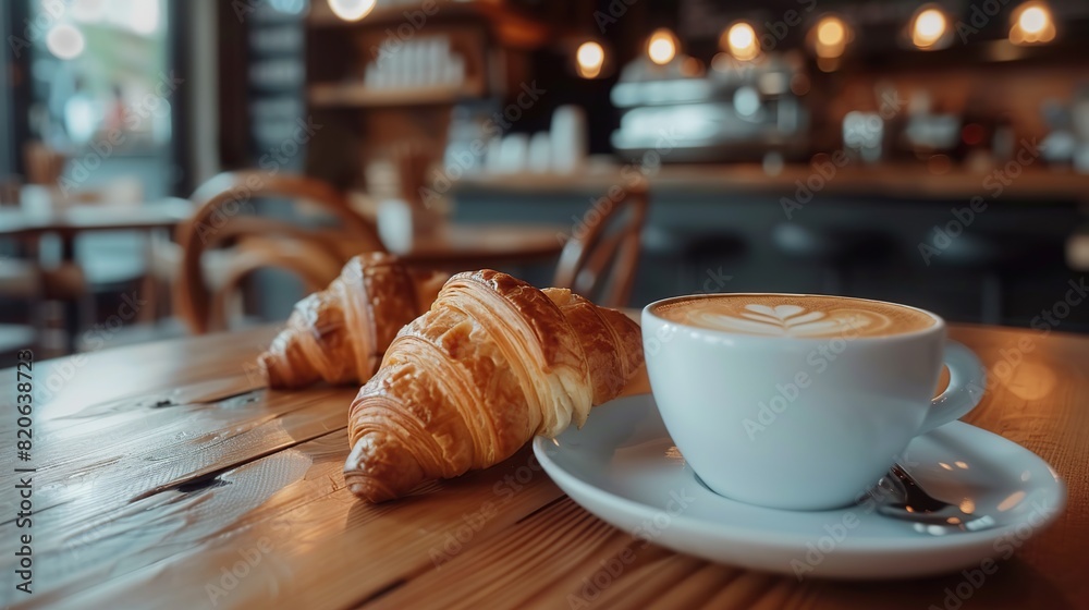 Warm Croissants and Coffee on Wooden Table, Cozy Cafe Background, Homey Style, Relaxation, Contentment, Enhance Cafe Ambiance. copy space for text. Warm Croissants and Coffee on Wooden Table, Cozy Cafe Background, Homey Style, Relaxation, Contentment, Enhance Cafe Ambiance. copy space for text.